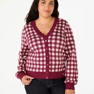 KATE SPADE NY CHARMING BEIGE & DEEP RED GINGHAM CHECK CARDIGAN SWEATER - Large